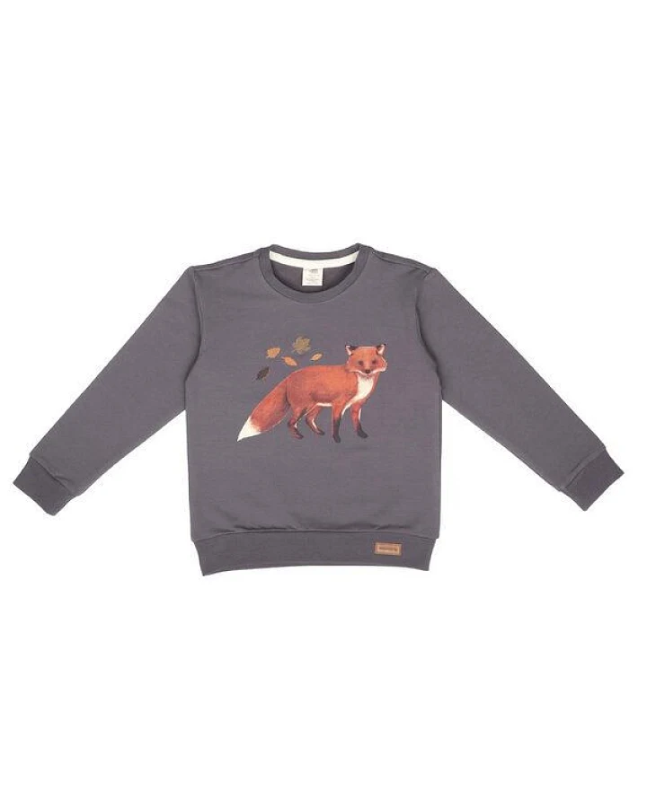 Kinder Sweatshirt GOTS zertifiziert – Anthrazit mit Fuchsmotiv, weich & bequem
