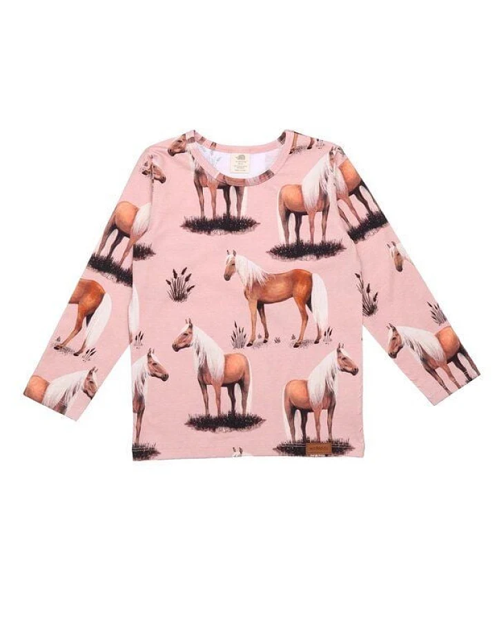 Kinder Langarmshirt GOTS zertifiziert Bio-Baumwolle Rosa Pferde-Print Allover „Beauty Horses“ bequem – Walkiddy