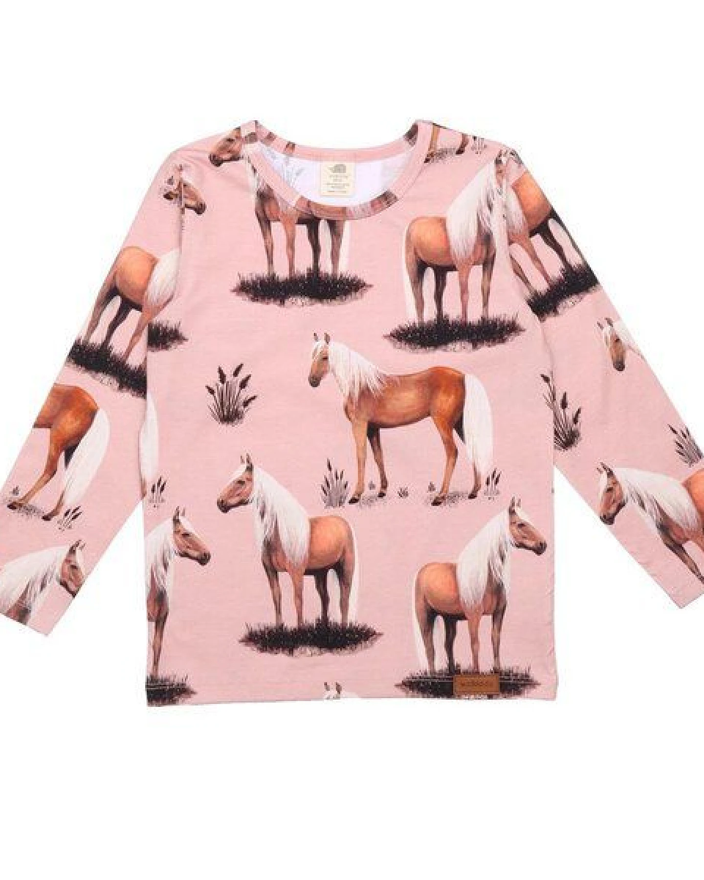 Kinder Langarmshirt GOTS zertifiziert Bio-Baumwolle Rosa Pferde-Print Allover „Beauty Horses“ bequem – Walkiddy – Ansicht 2