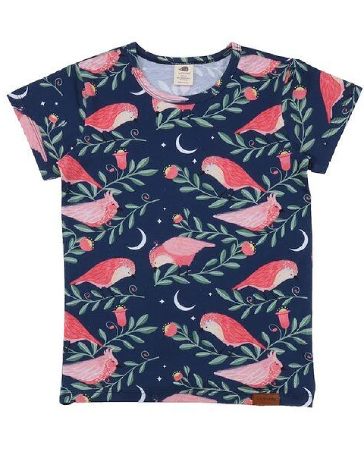 Kinder T-Shirt GOTS zertifiziert Bio-Baumwolle Dunkelblau Vogel-Print „Pinky Birds“ Kurzarm weich – Walkiddy