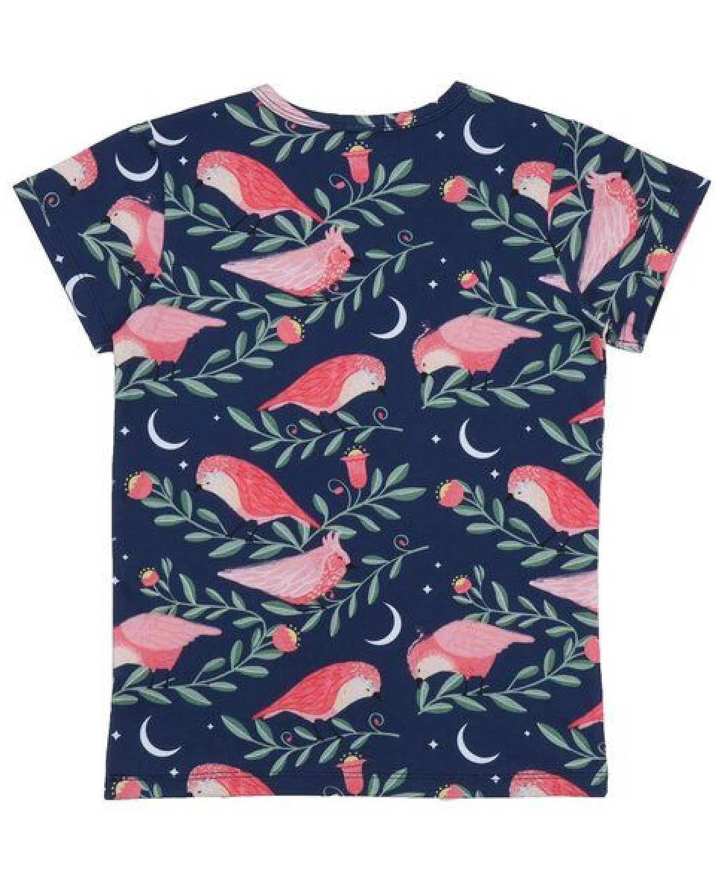 Kinder T-Shirt GOTS zertifiziert Bio-Baumwolle Dunkelblau Vogel-Print „Pinky Birds“ Kurzarm weich – Walkiddy – Ansicht 3