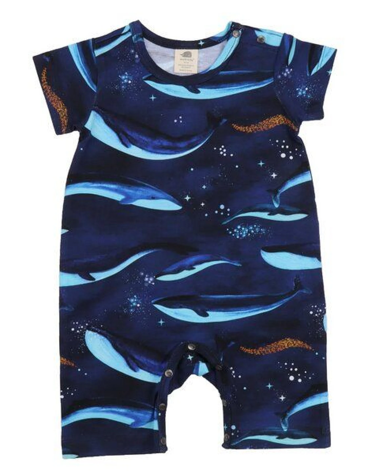 Baby Strampler GOTS zertifiziert, dunkelblau, Wal-Allover „Whaley’s Song“, Kurzarm – Walkiddy – Ansicht 2