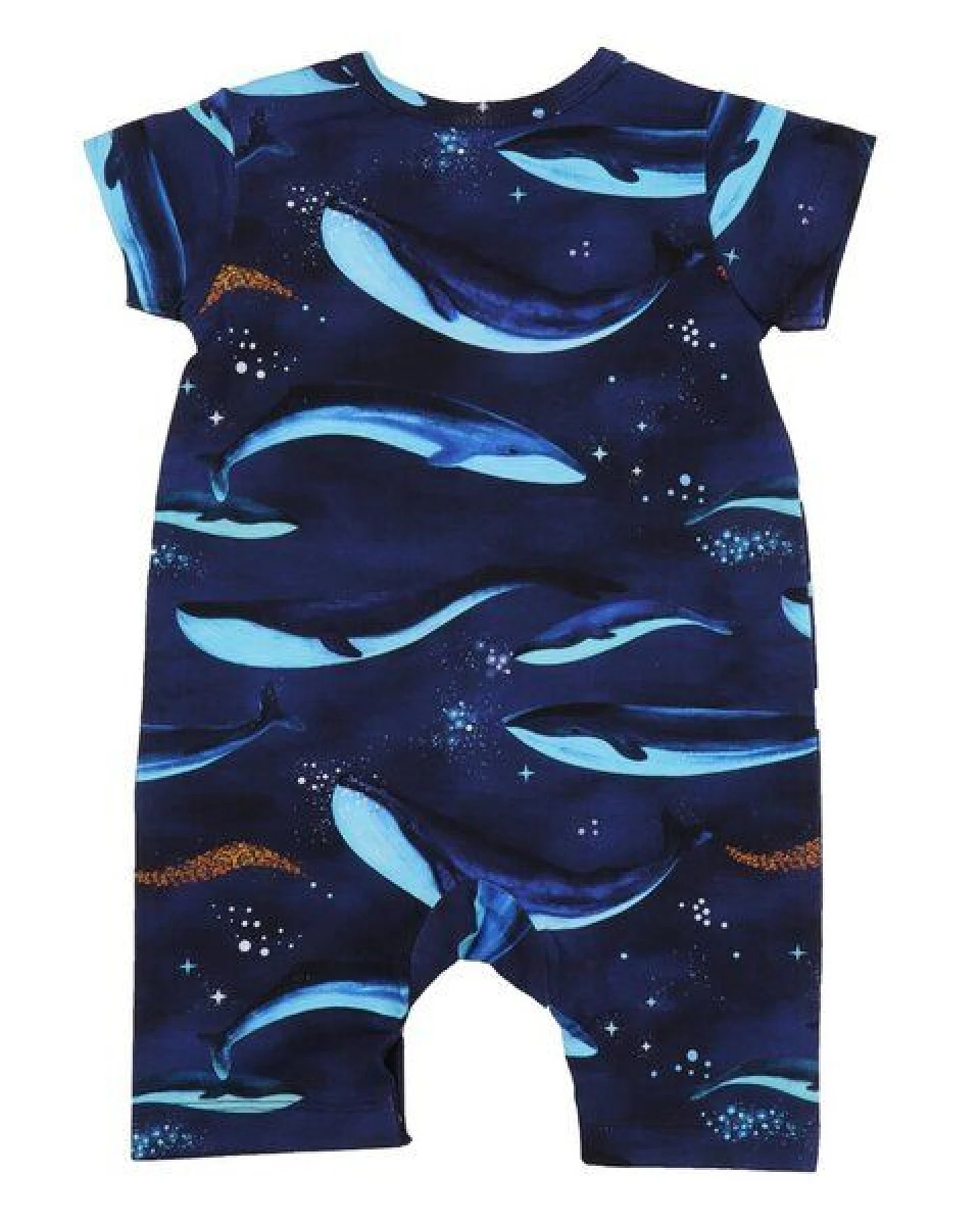Baby Strampler GOTS zertifiziert, dunkelblau, Wal-Allover „Whaley’s Song“, Kurzarm – Walkiddy – Ansicht 3