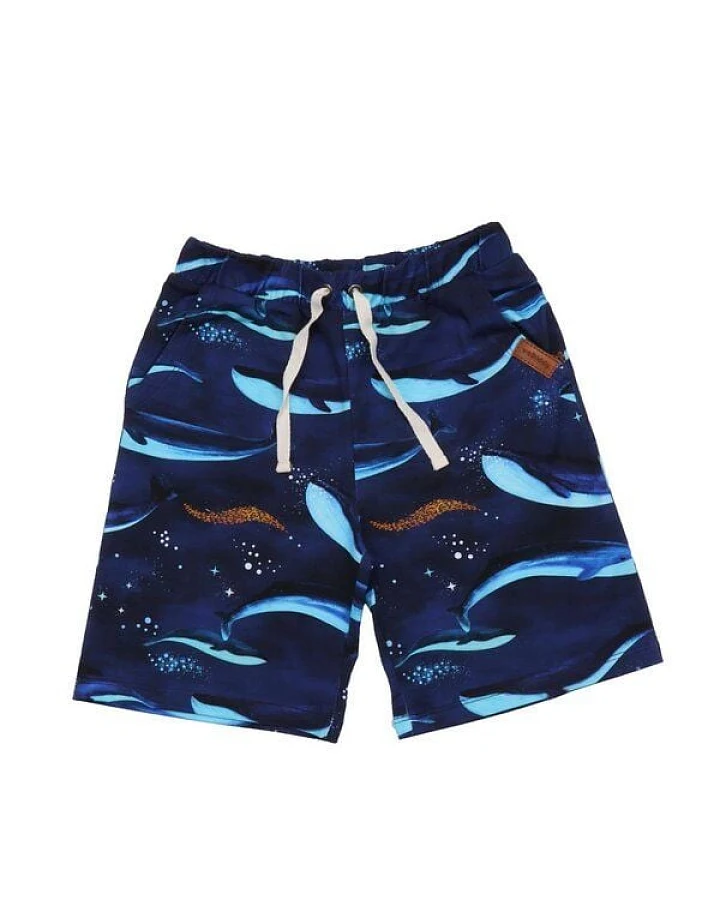 Kinder Shorts GOTS zertifiziert Bio-Baumwolle Dunkelblau Allover-Print „Whaley’s Song“ elastischer Bund – Walkiddy