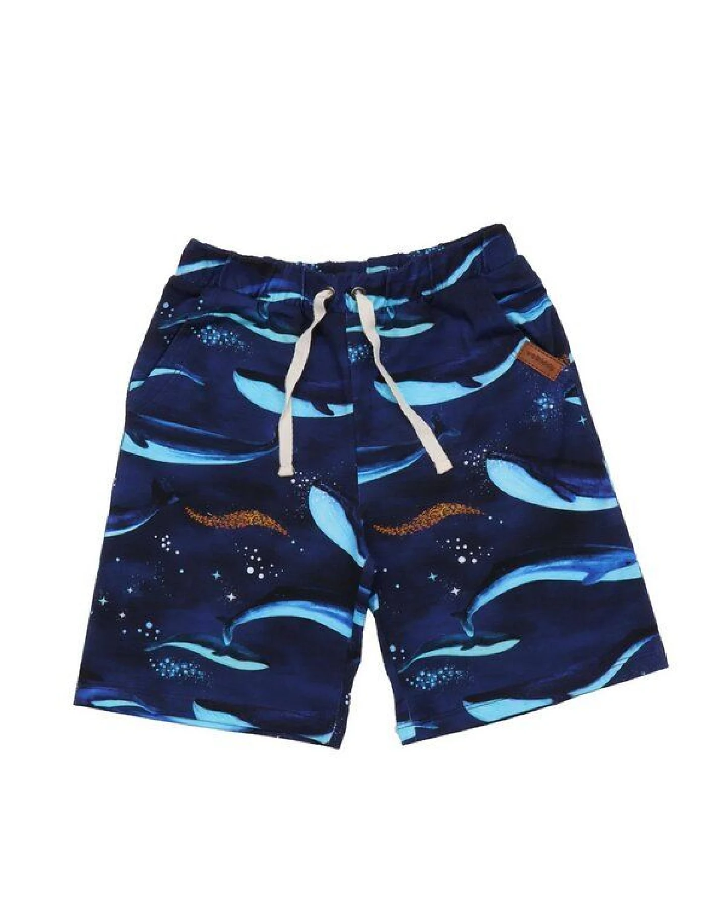 Kinder Shorts GOTS zertifiziert Bio-Baumwolle Dunkelblau Allover-Print „Whaley’s Song“ elastischer Bund – Walkiddy – Ansicht 2