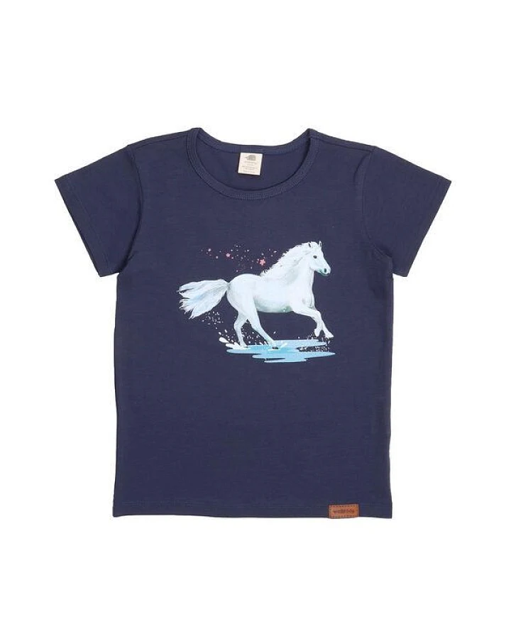 Kinder T-Shirt Bio-Baumwolle White Horses Dunkelblau Walkiddy, GOTS-zertifiziertes Kurzarmshirt, vegan, weiches Pferde-Shirt für Kinder, nachhaltige Mode für Schule, Kindergarten & Freizeit