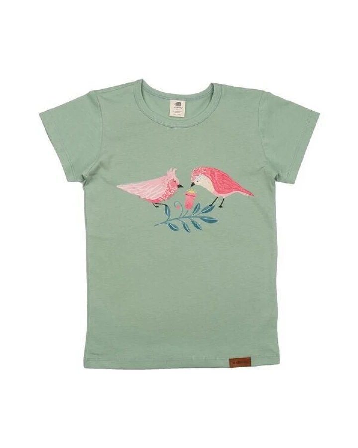 Kinder T-Shirt GOTS zertifiziert Bio-Baumwolle Grün Flamingo-Motiv „Pinky Birds“ Kurzarm weich – Walkiddy