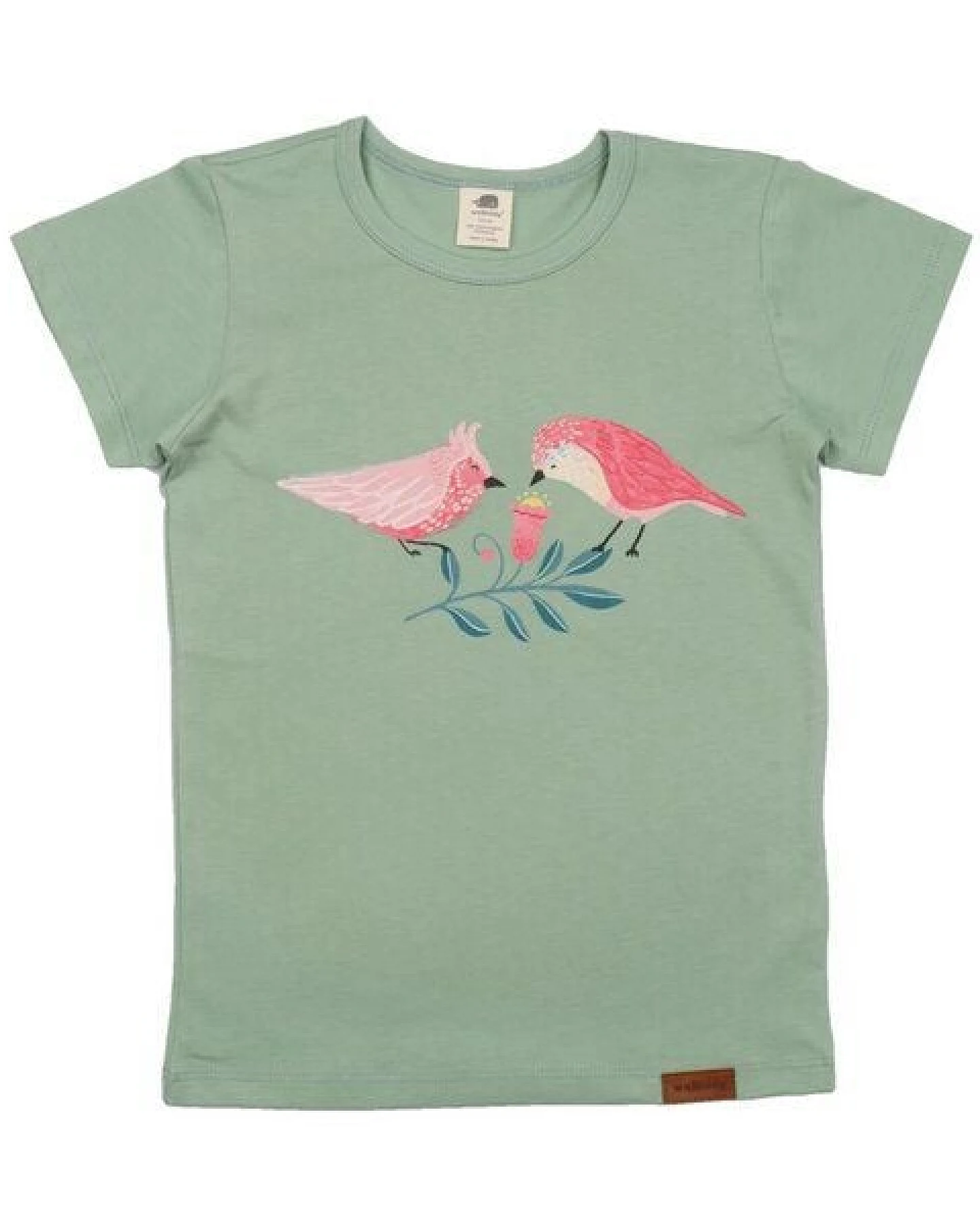Kinder T-Shirt GOTS zertifiziert Bio-Baumwolle Grün Flamingo-Motiv „Pinky Birds“ Kurzarm weich – Walkiddy – Ansicht 2