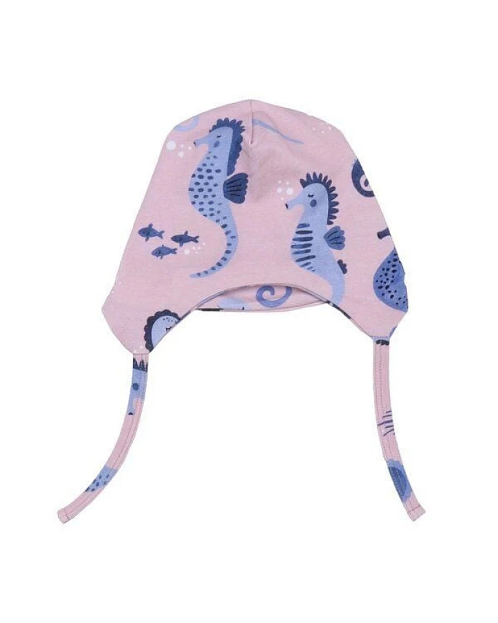 Nachhaltige Walkiddy Rosa Mütze mit Blauen Seepferdchen - Umweltfreundlich und Allergikerfreundlich – GOTS zertifiziert