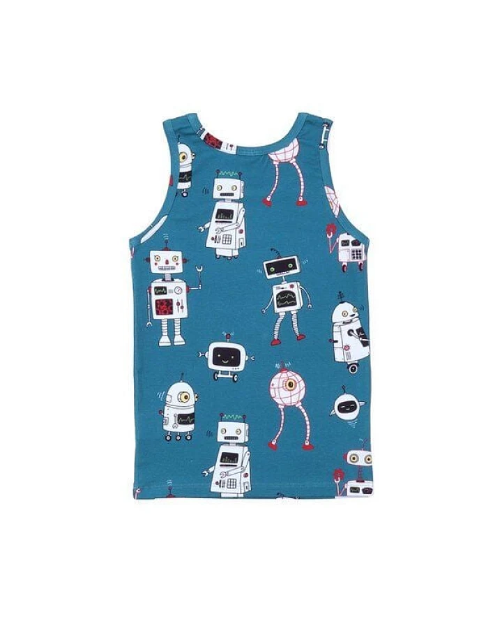 Kinder Unterhemd GOTS zertifiziert, blau, Roboter-Allover „Robots Friends“, weich – Walkiddy