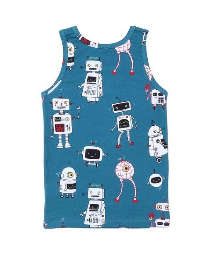 Kinder Unterhemd GOTS zertifiziert, blau, Roboter-Allover „Robots Friends“, weich – Walkiddy