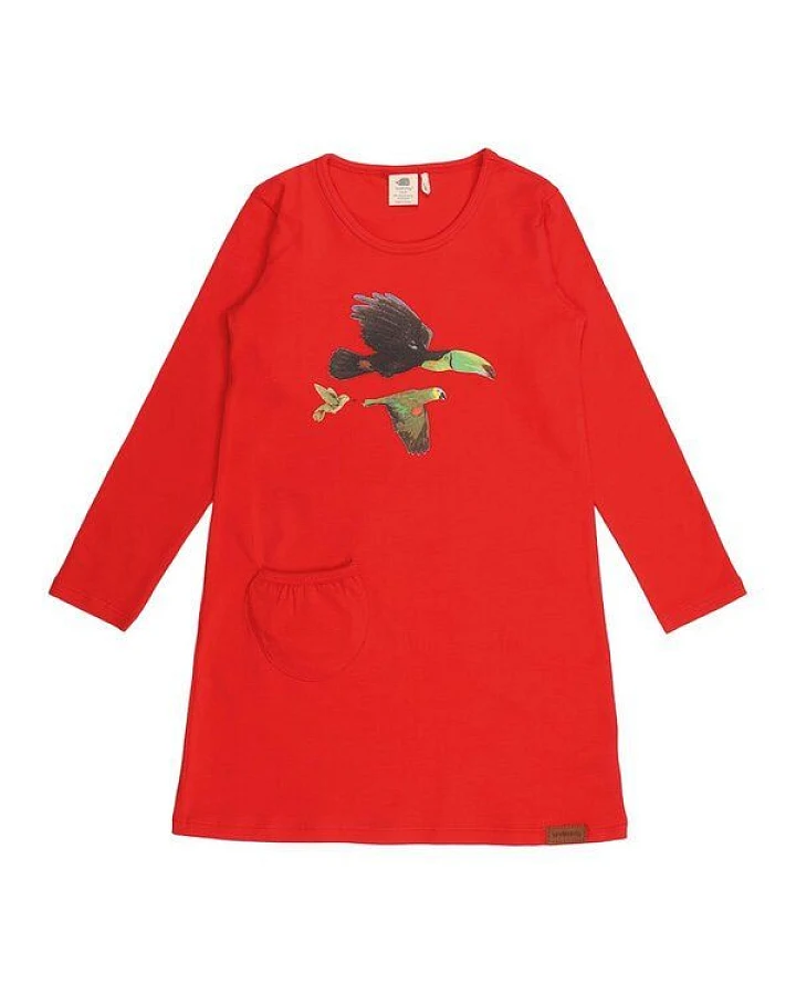 Baby Langarmkleid Bio-Baumwolle Birds of the Rainforest Rot Walkiddy, GOTS-zertifiziert, vegan, weiche Jersey Tunika für empfindliche Kinderhaut, nachhaltiges Kleid für Alltag, Kindergarten & besondere Anlässe