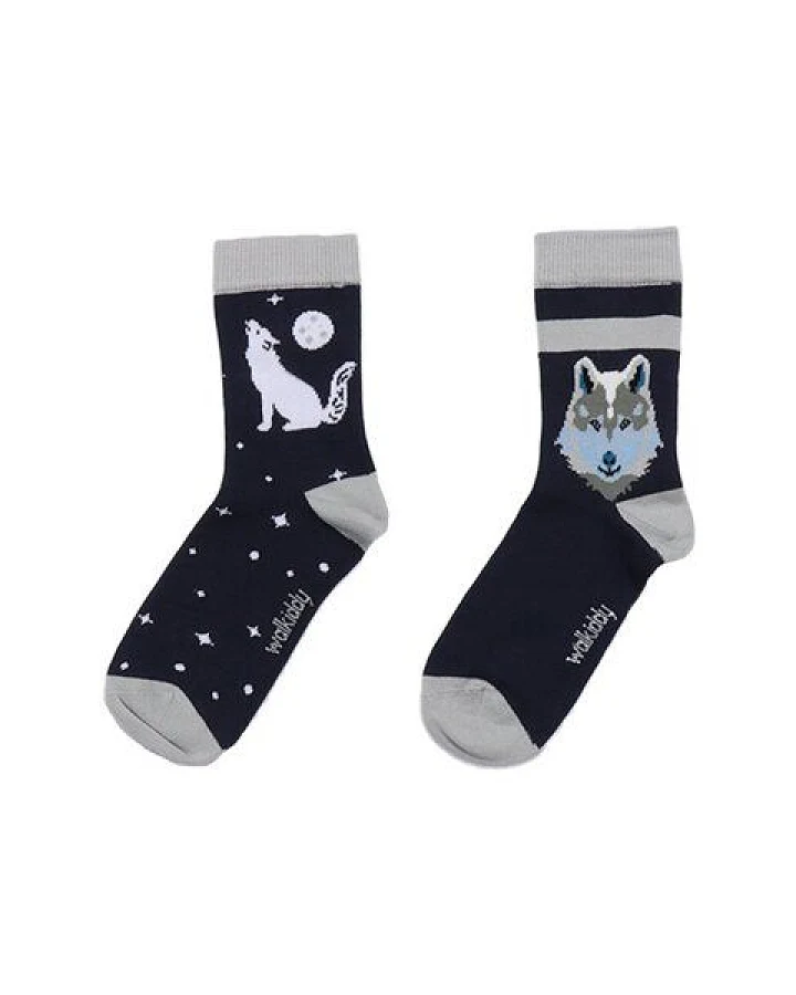 Baby Socken Bio-Baumwolle GOTS Singing Wolves von Walkiddy – weiche, elastische, nachhaltig produzierte Kindersocken, ideal für empfindliche Babyfüße – mit liebevollem Waldtier-Design