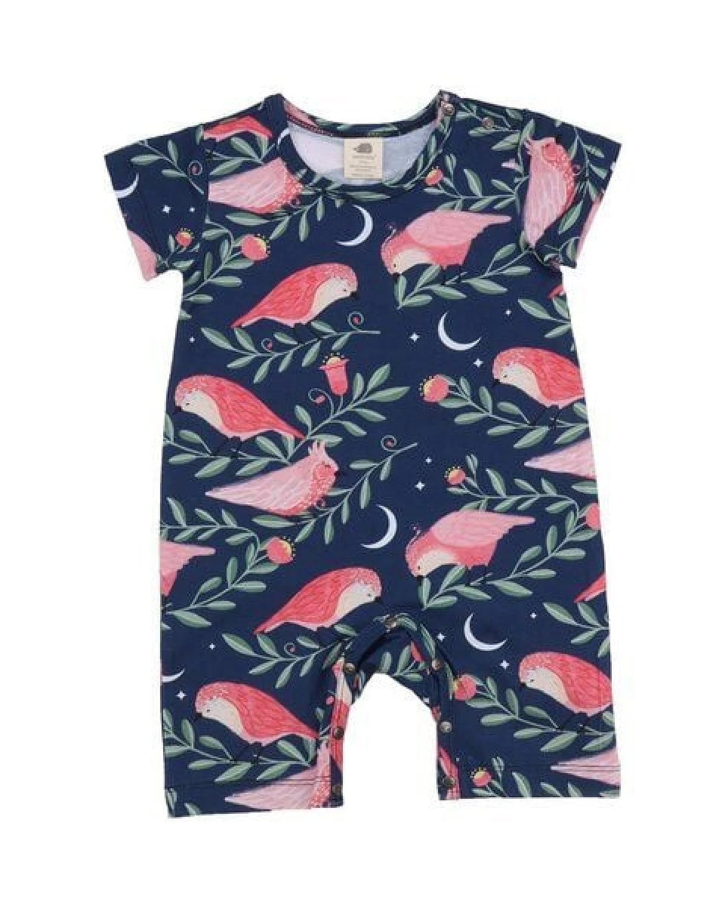 Baby Strampler GOTS zertifiziert, dunkelblau, Vogel-Allover „Pinky Birds“, Kurzarm, weich – Walkiddy – Ansicht 2
