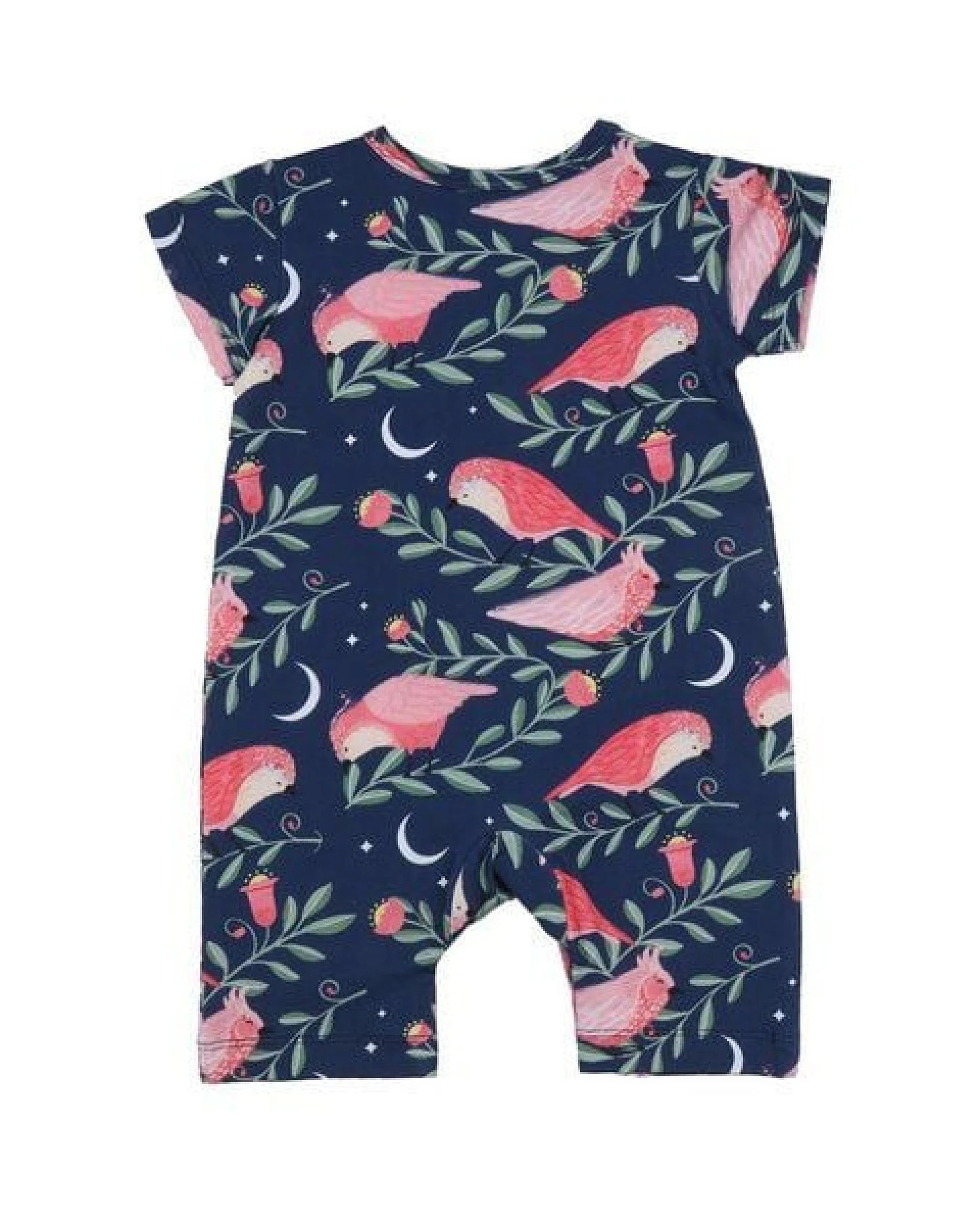 Baby Strampler GOTS zertifiziert, dunkelblau, Vogel-Allover „Pinky Birds“, Kurzarm, weich – Walkiddy – Ansicht 3