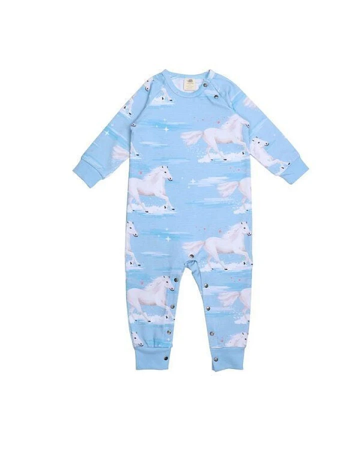 Baby Strampler GOTS zertifiziert, Bio-Baumwolle, hellblau, Pferde-Muster „White Horses“, Langarm, weich – Walkiddy