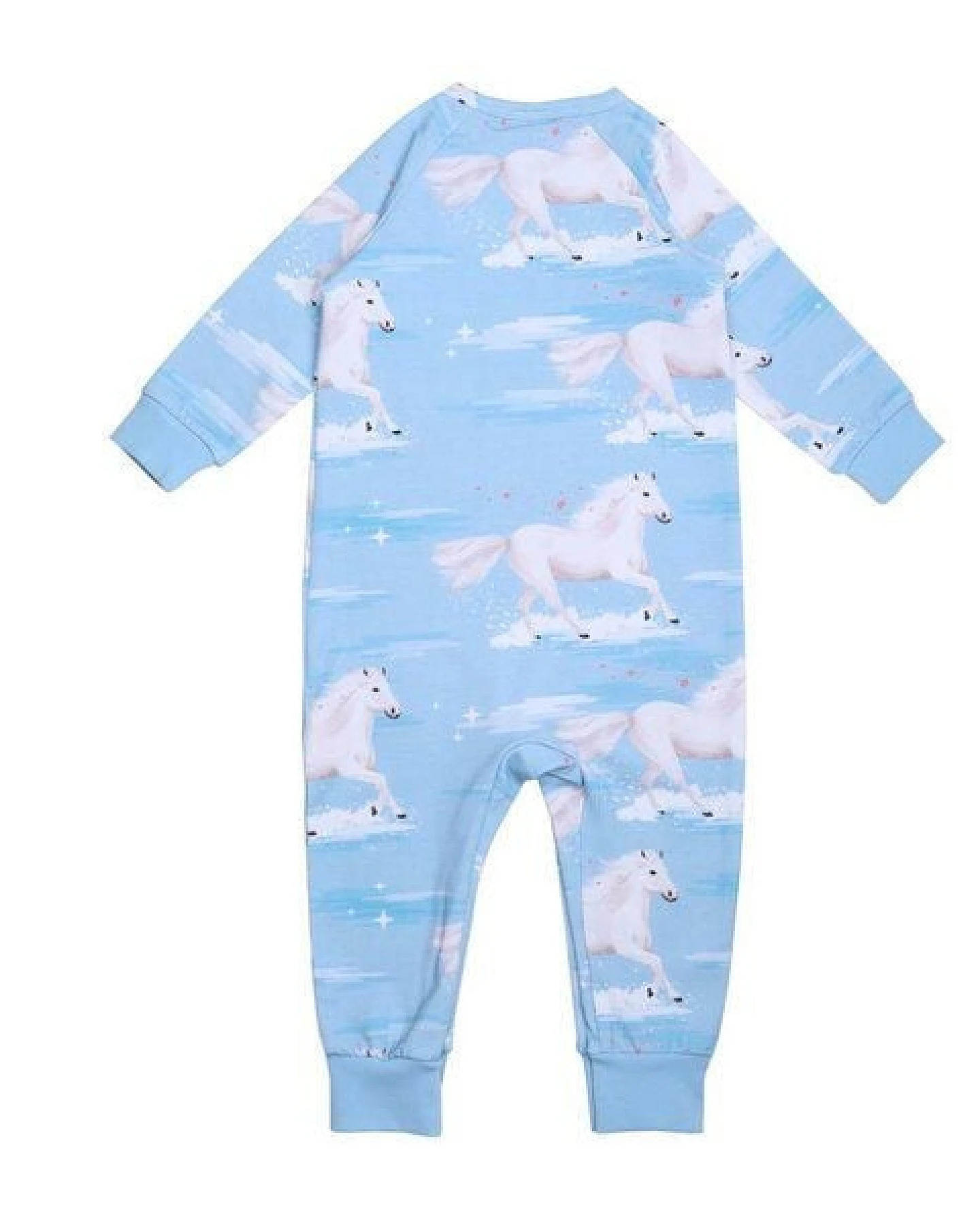 Baby Strampler GOTS zertifiziert, Bio-Baumwolle, hellblau, Pferde-Muster „White Horses“, Langarm, weich – Walkiddy – Ansicht 3