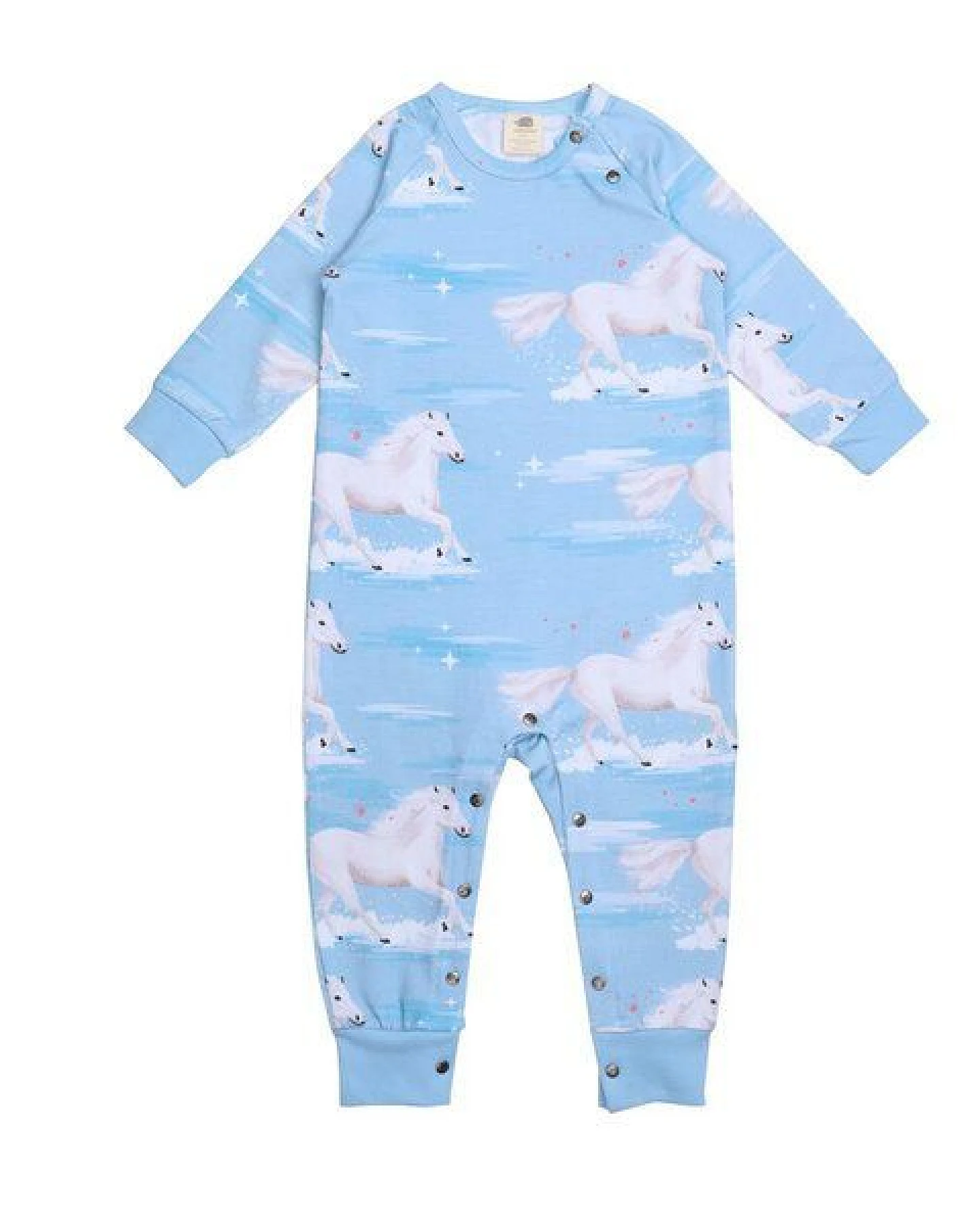 Baby Strampler GOTS zertifiziert, Bio-Baumwolle, hellblau, Pferde-Muster „White Horses“, Langarm, weich – Walkiddy – Ansicht 2