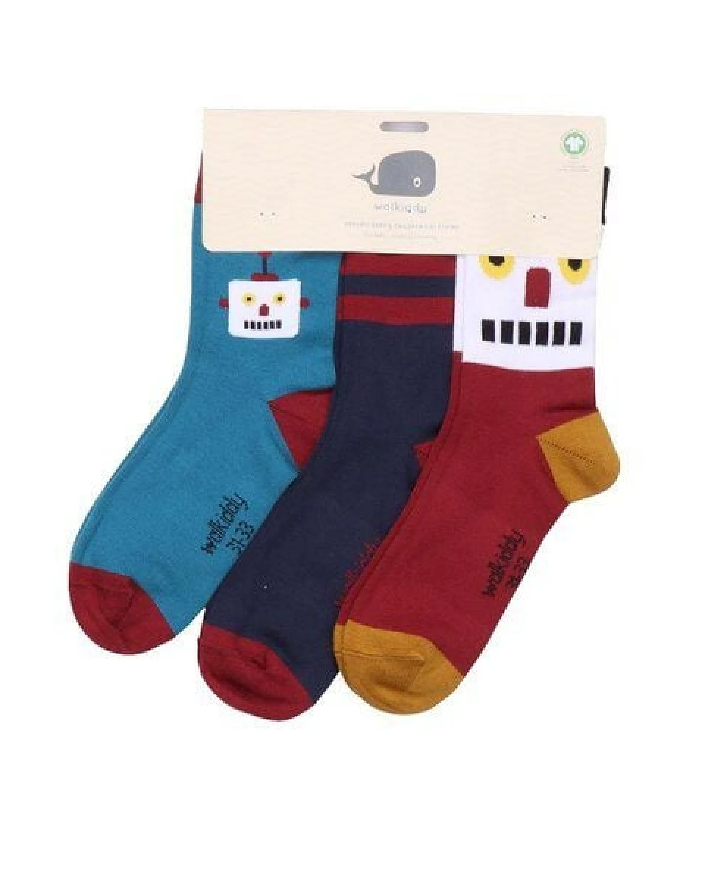 Kinder Socken Bio-Baumwolle Walkiddy „Robots Friends“ Blau, GOTS zertifizierte, weiche Strümpfe mit Robotermotiv, atmungsaktiv, elastisch, ideal für Alltag, Kindergarten, Schule und als nachhaltiges Geschenk für kleine Technikfans – Ansicht 3
