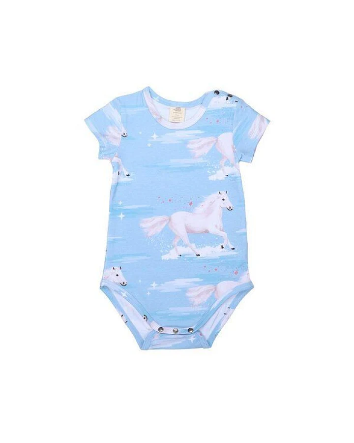 Baby Kurzarmbody GOTS zertifiziert – Hellblau mit Pferdemotiv, weich & bequem