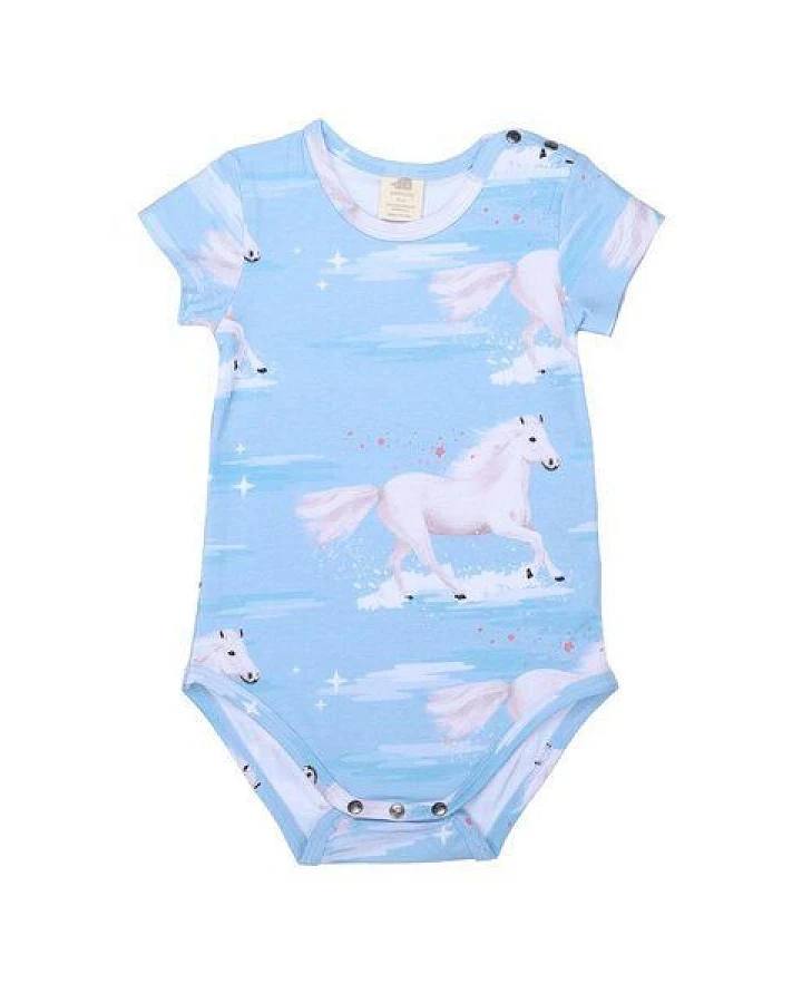 Baby Kurzarmbody GOTS zertifiziert – Hellblau mit Pferdemotiv, weich & bequem
