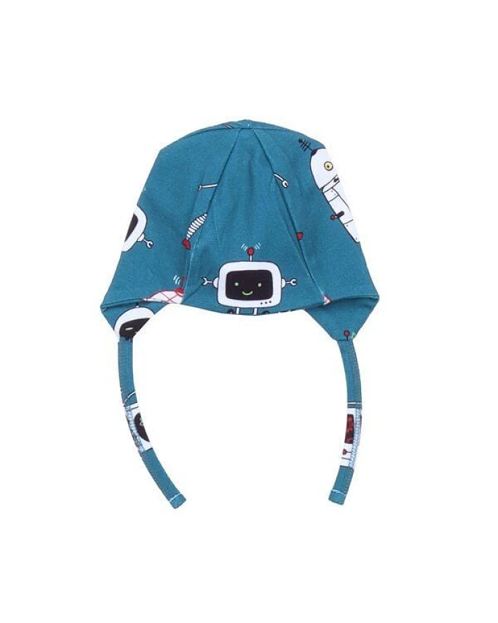 Baby Mütze GOTS zertifiziert, Bio-Baumwolle, blau, Tier-Muster, Bindebänder, weich & bequem – Walkiddy