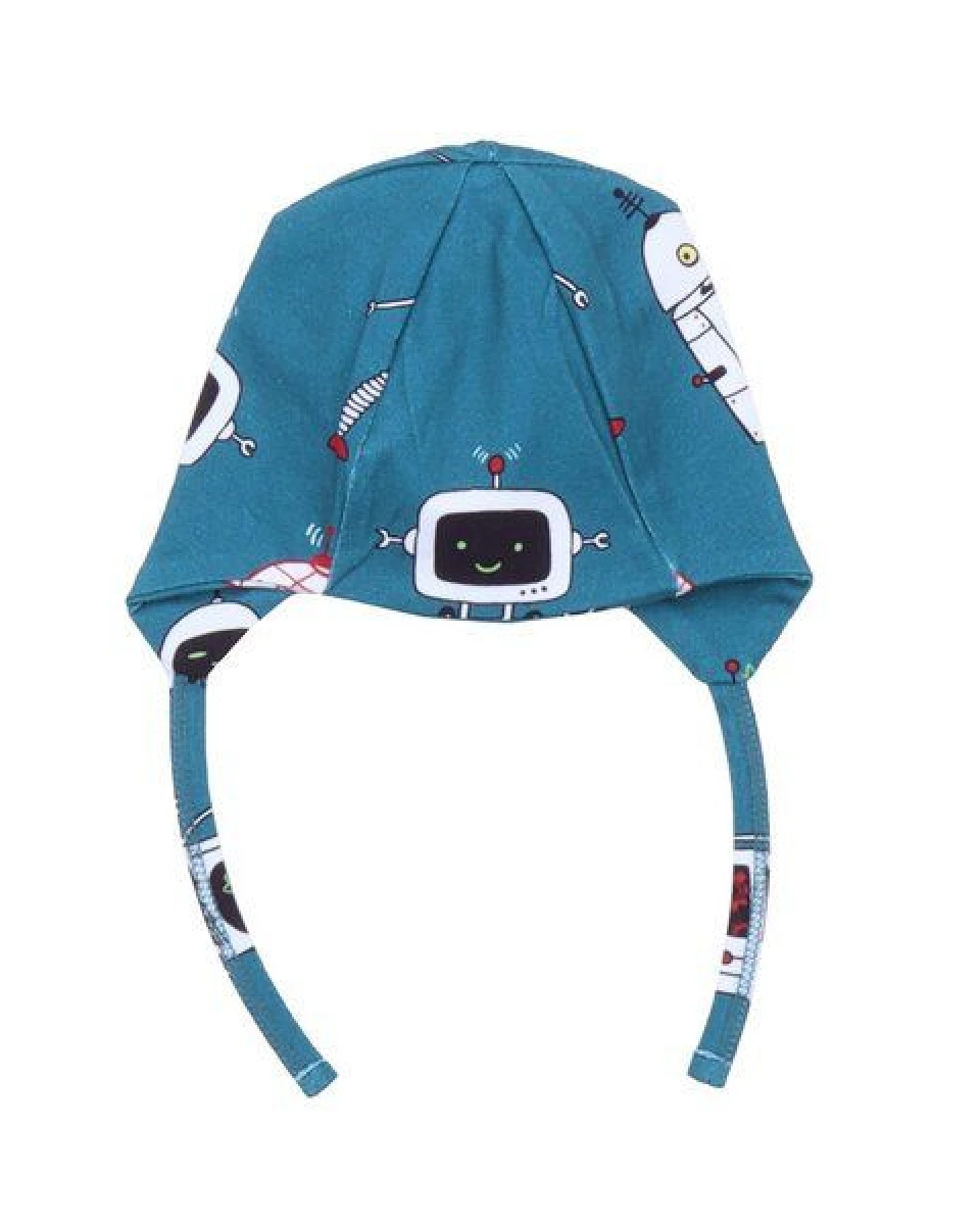 Baby Mütze GOTS zertifiziert, Bio-Baumwolle, blau, Tier-Muster, Bindebänder, weich & bequem – Walkiddy – Ansicht 2