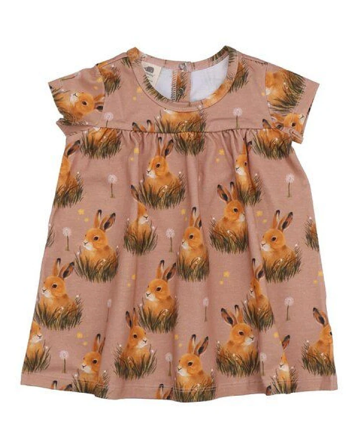 Kinderkleid GOTS zertifiziert, rosa, Hasen-Allover „Pretty Bunnies“, Kurzarm, weich – Walkiddy
