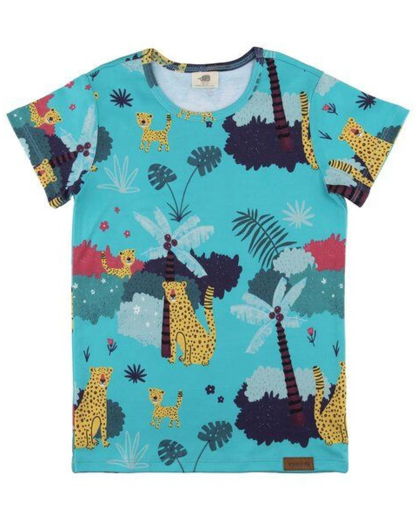 Kinder T-Shirt GOTS zertifiziert – Blau mit Leopardenmuster, Kurzarm, weich & bequem – Ansicht 2