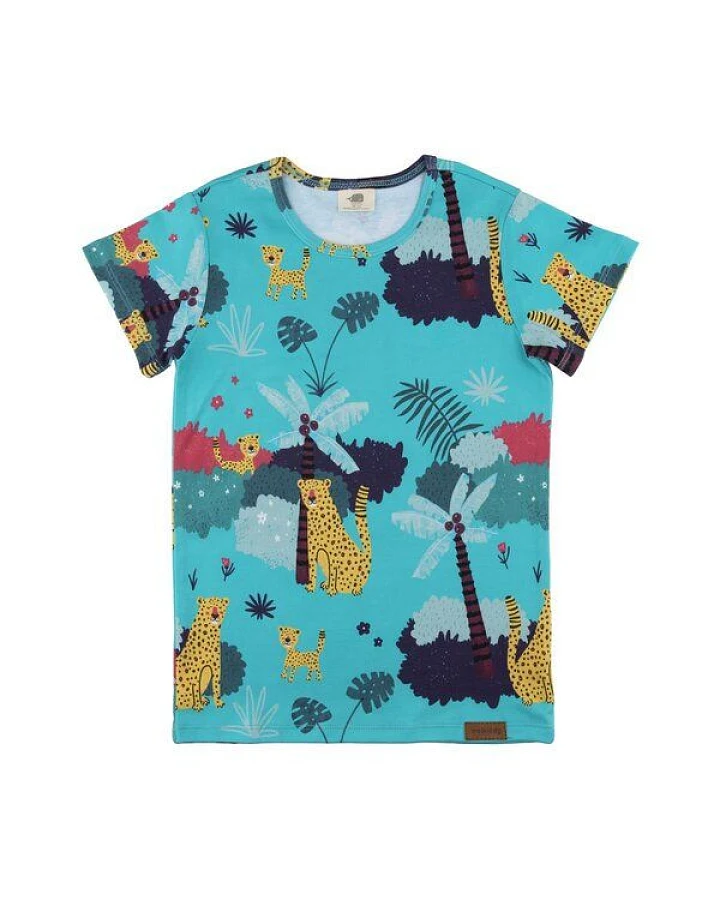 Kinder T-Shirt GOTS zertifiziert – Blau mit Leopardenmuster, Kurzarm, weich & bequem