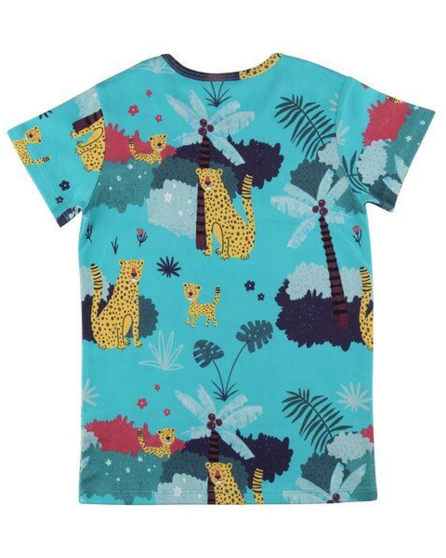 Kinder T-Shirt GOTS zertifiziert – Blau mit Leopardenmuster, Kurzarm, weich & bequem – Ansicht 3