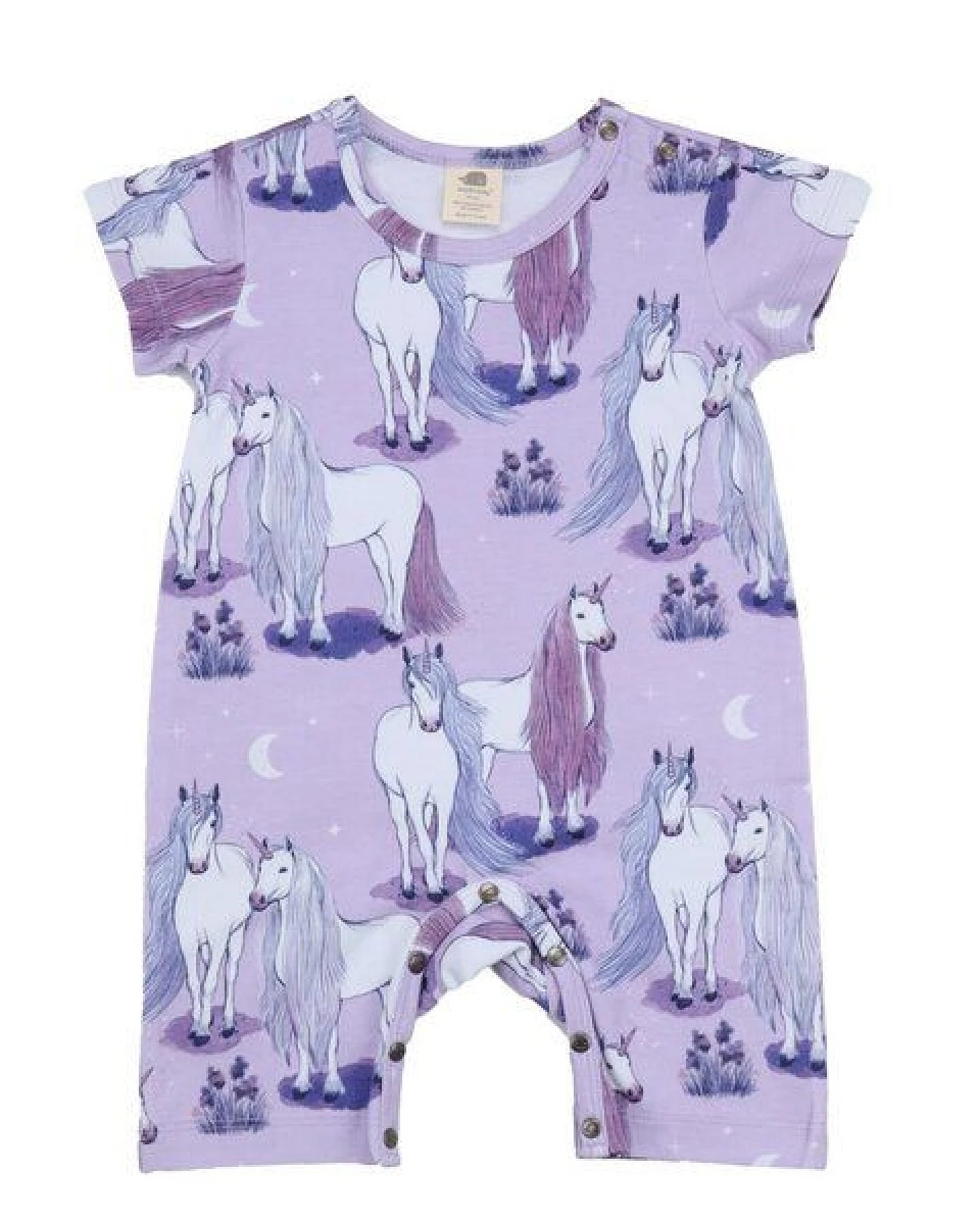 Baby Kurzarm-Strampler GOTS zertifiziert – Lila mit Einhornmotiv, weich & bequem – Ansicht 2