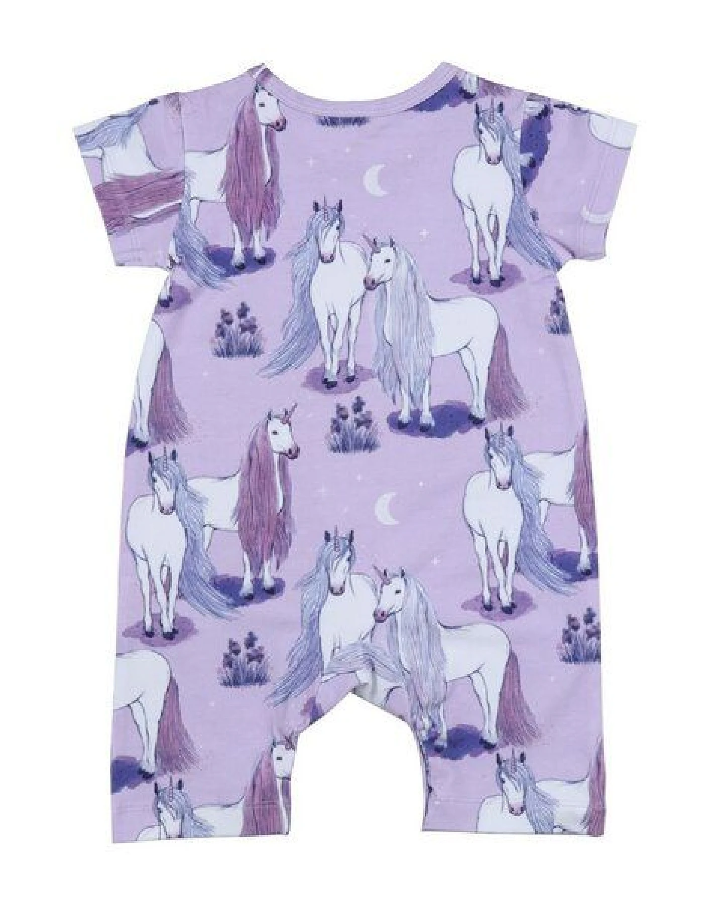 Baby Kurzarm-Strampler GOTS zertifiziert – Lila mit Einhornmotiv, weich & bequem – Ansicht 3