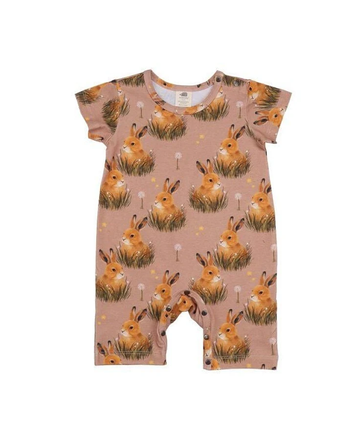 Baby Kurzarm-Strampler GOTS zertifiziert – Bio-Baumwolle, Altrosa mit Hasenmotiv, weich & bequem, alltagstauglich