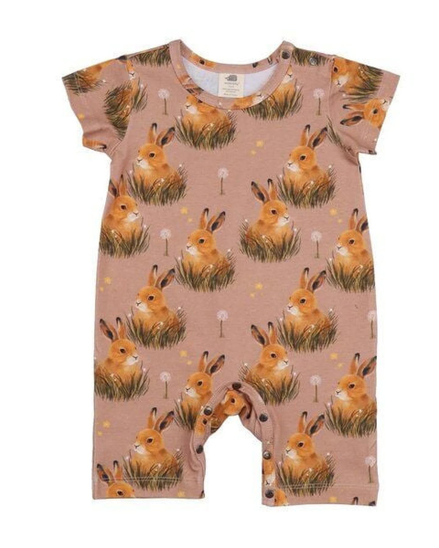 Baby Kurzarm-Strampler GOTS zertifiziert – Bio-Baumwolle, Altrosa mit Hasenmotiv, weich & bequem, alltagstauglich – Ansicht 2