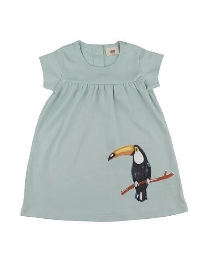 Baby Kleid GOTS zertifiziert, tucangrün, Kurzarm, Tukan-Print, Bio-Baumwolle, weich – Walkiddy