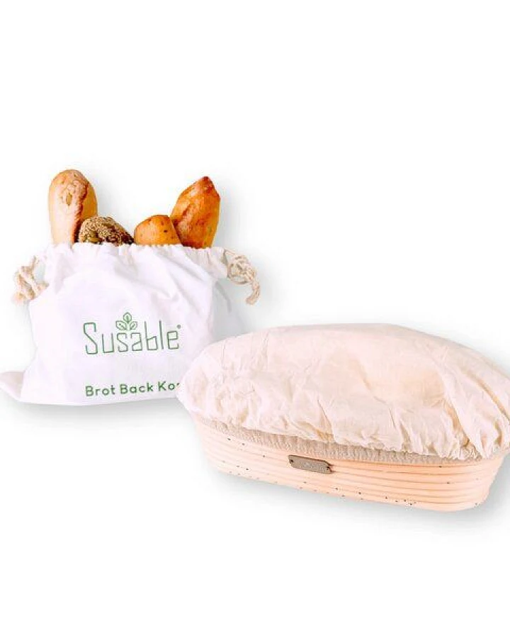 Susable Oval Gärkörbchen für 2 kg Brot - mit 100% Baumwoll-Brotbeutel - Leineneinsatz und atmungsaktiver Abdeckung