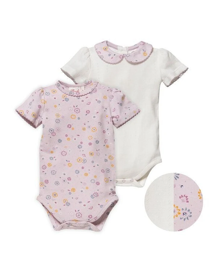 People Wear Organic Kurzarm-Body-Doppelpack, weiße Ajour-Baumwolle (bio) mit Kragen & blass violett bedruckt mit Frühlingsblumen