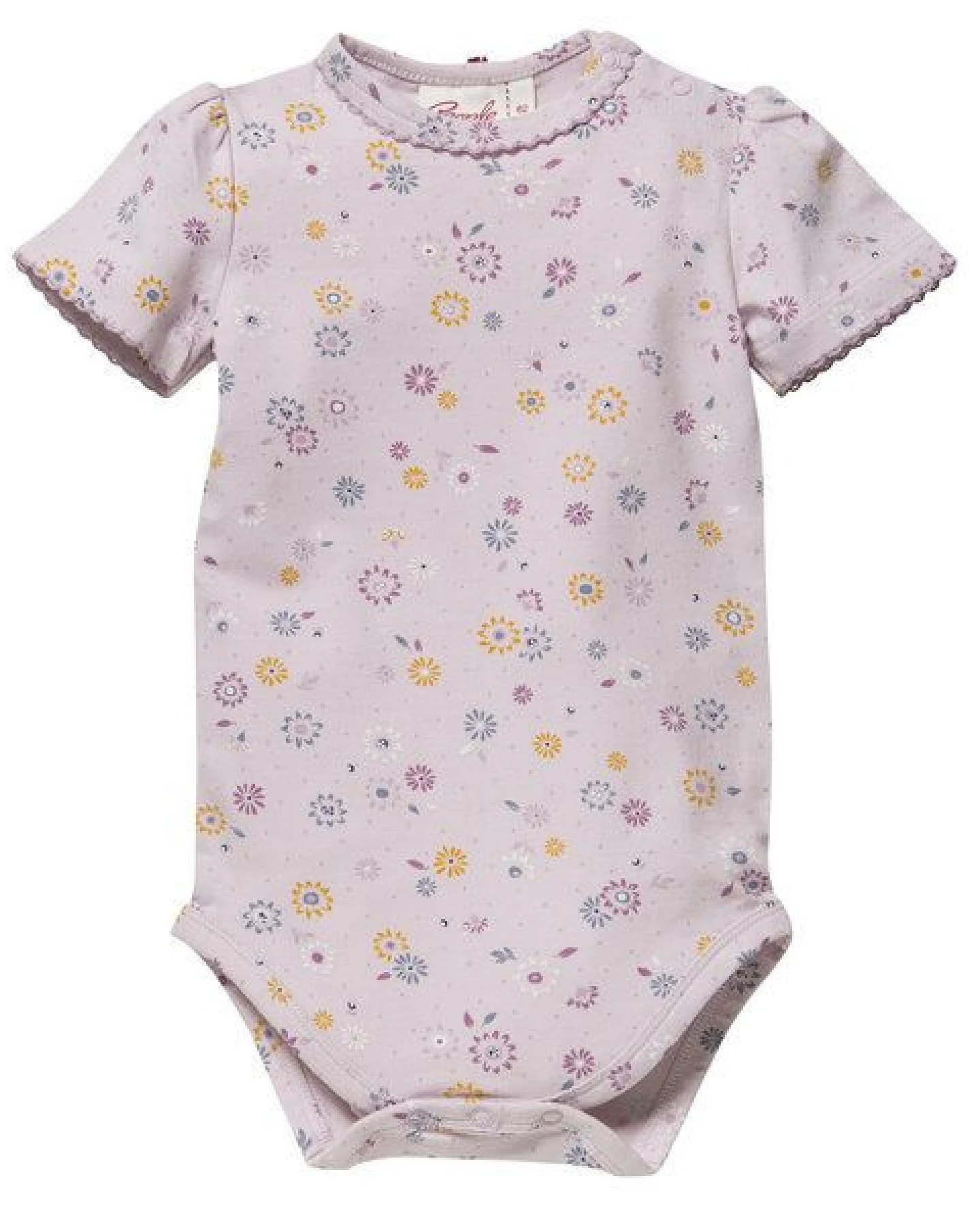 People Wear Organic Kurzarm-Body-Doppelpack, weiße Ajour-Baumwolle (bio) mit Kragen & blass violett bedruckt mit Frühlingsblumen – Ansicht 2