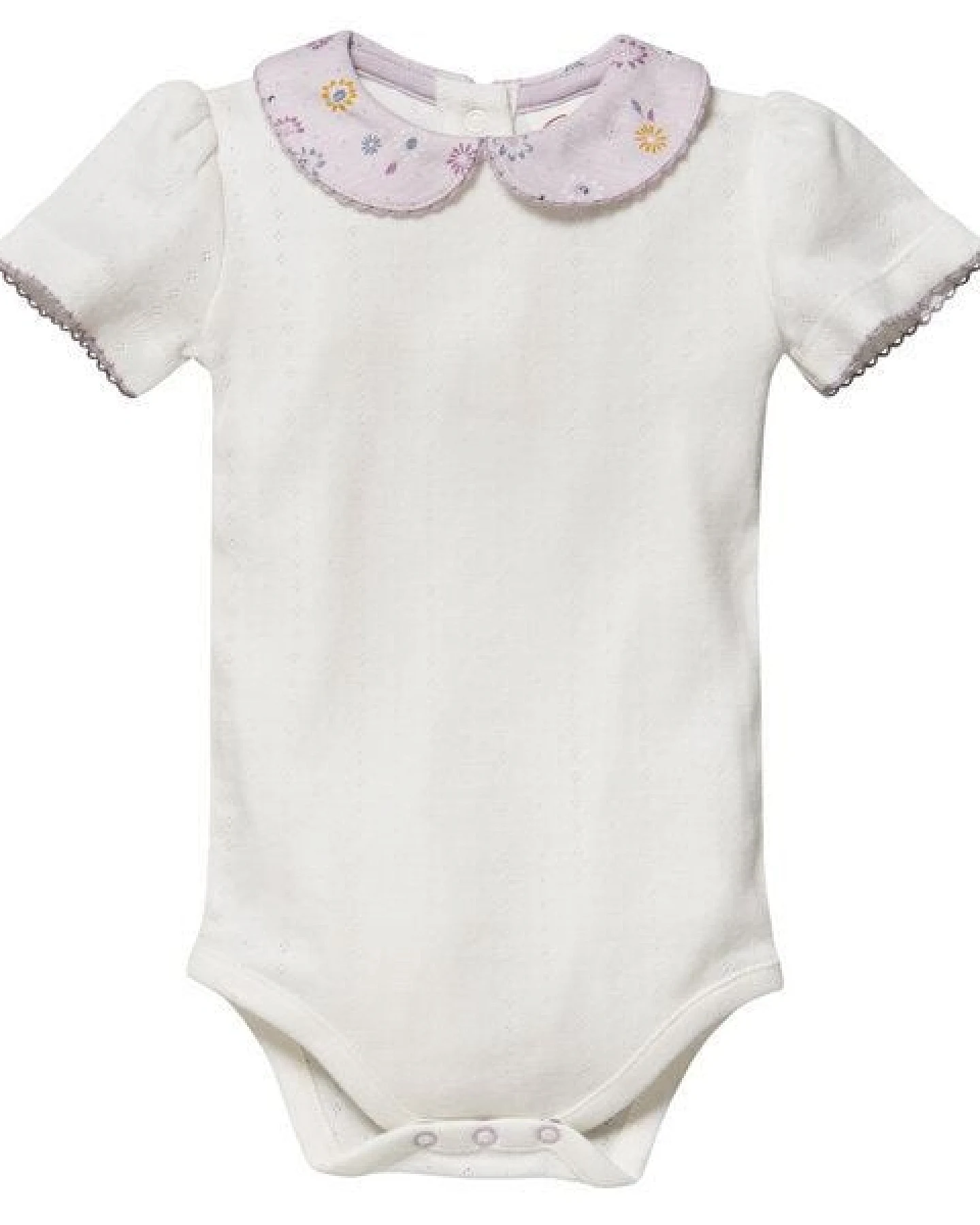 People Wear Organic Kurzarm-Body-Doppelpack, weiße Ajour-Baumwolle (bio) mit Kragen & blass violett bedruckt mit Frühlingsblumen – Ansicht 4