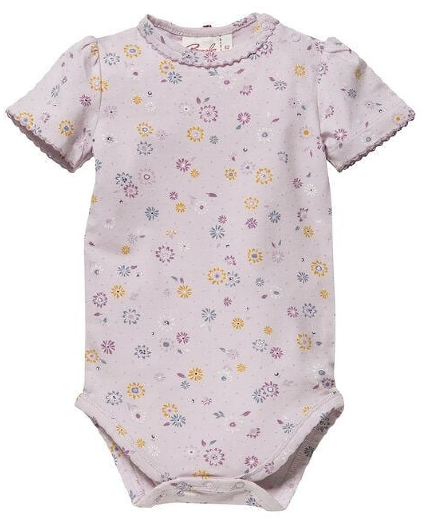 People Wear Organic Kurzarm-Body-Doppelpack, weiße Ajour-Baumwolle (bio) mit Kragen & blass violett bedruckt mit Frühlingsblumen – Ansicht 2
