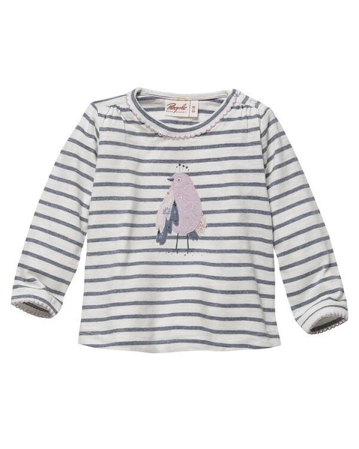 People Wear Organic Langarmshirt mit Vogel Applikation, weiß-blau geringelt, aus Bio-Baumwolle