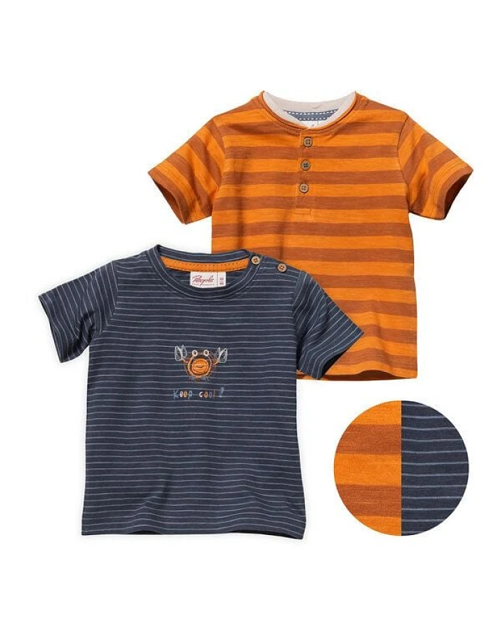 People Wear Organic Kurzarm-Shirt Doppelpack, dunkelblau gestreift mit Druck-Applikation "Krebs" & orange, aus Bio Baumwolle