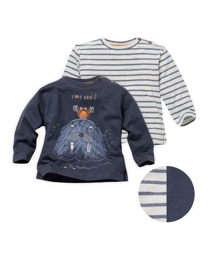 People Wear Organic Langarm-Shirt Doppelpack, dunkelblau mit Print "Walross" und maritim gestreift, aus Bio-Baumwolle