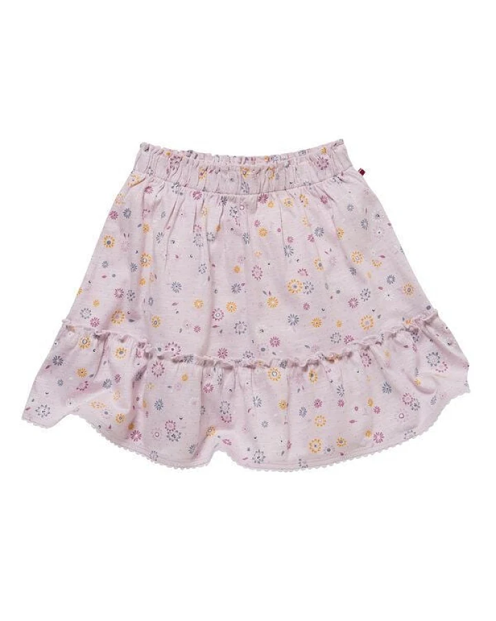 People Wear Organic Jersey Rock mit angesetztem gerüschtem Saum, blass violett bedruckt mit Frühlingsblumen, aus Bio-Baumwolle