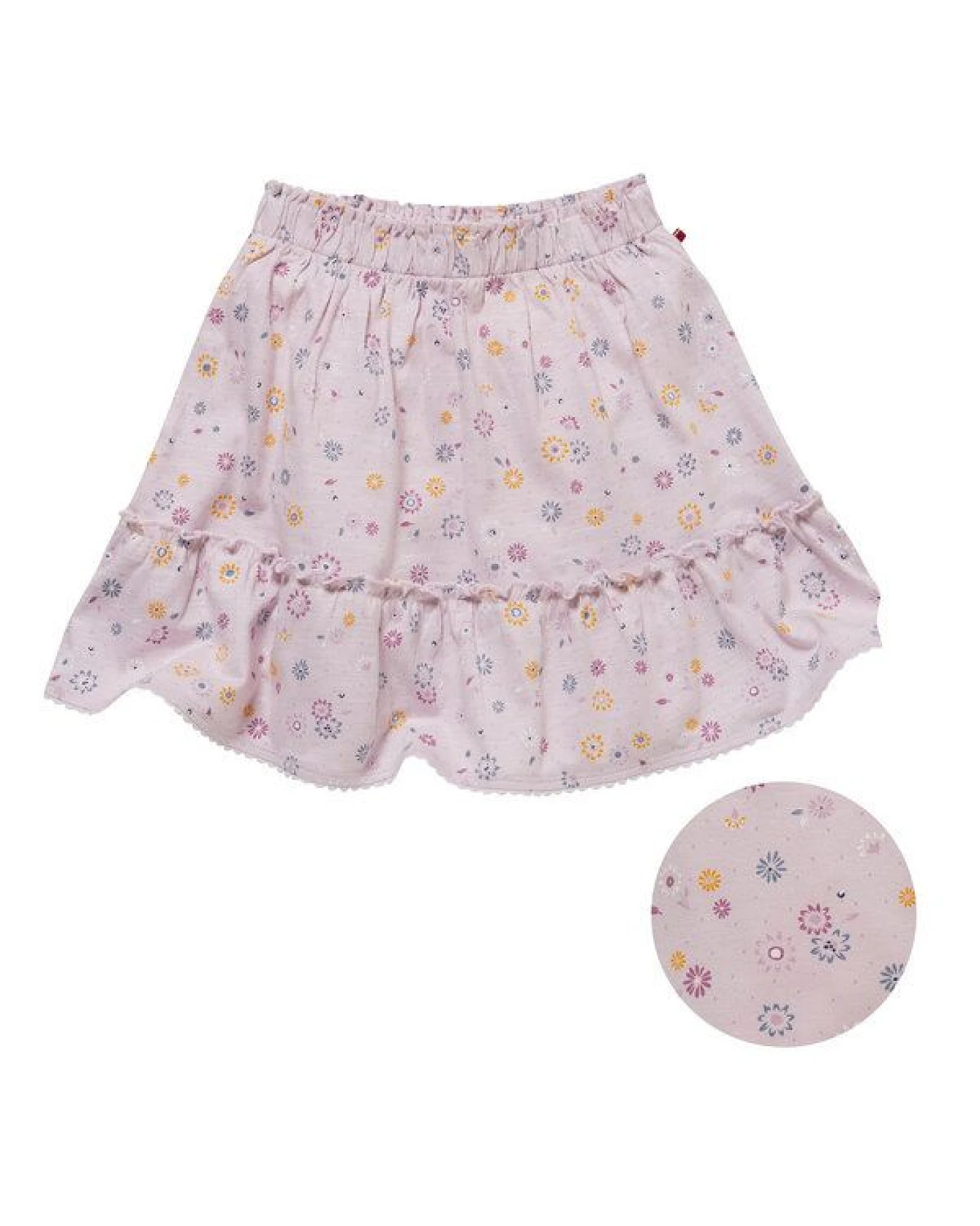 People Wear Organic Jersey Rock mit angesetztem gerüschtem Saum, blass violett bedruckt mit Frühlingsblumen, aus Bio-Baumwolle – Ansicht 3
