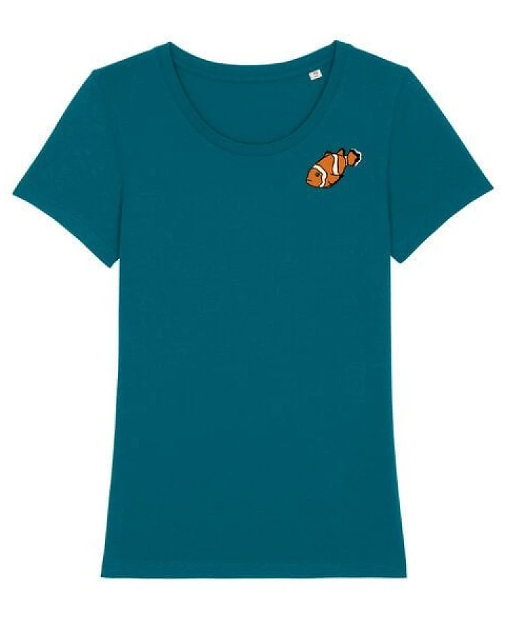 Spangeltangel T-Shirt bedruckt, "Clownfisch", nachhaltig, Biobaumwolle, Brustprint, Damen, Kurzarmshirt, Damenshirt, Frauen, bio