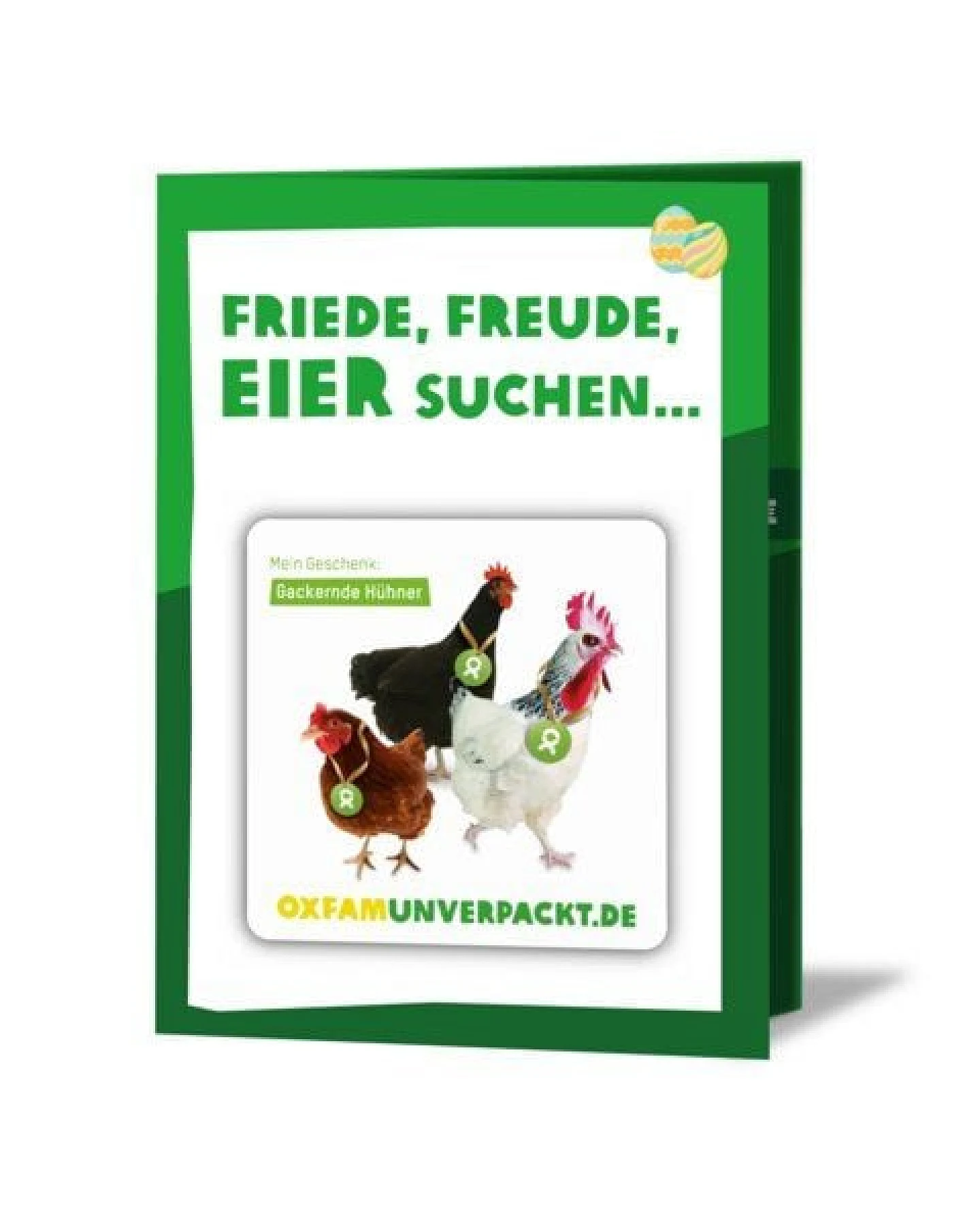 OxfamUnverpackt Spenden-Geschenk "Gackernde Hühner" (Osterkarte mit Magnet) – Ansicht 2