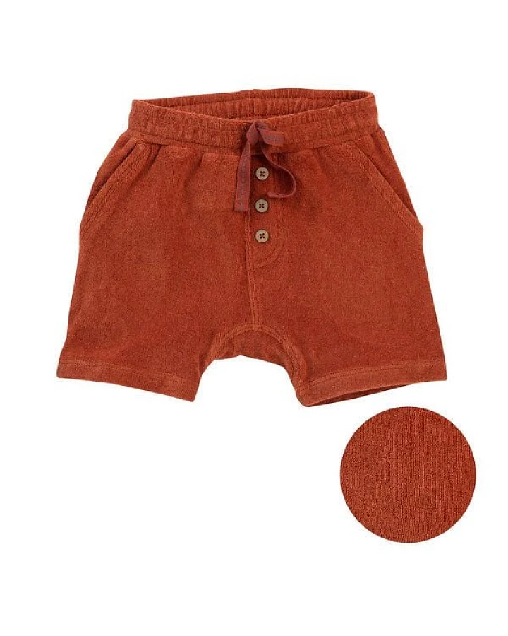 People Wear Organic Frottee-Shorts mit Kokosknöpfen, terracotta-farben, aus Bio-Baumwolle