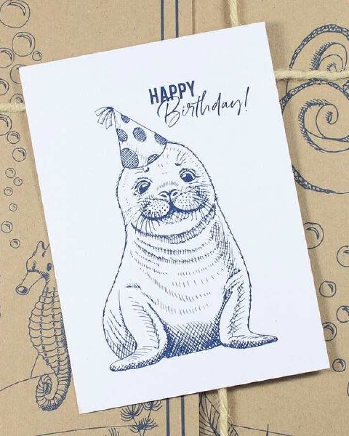 Bow & Hummingbird Postkarte "Happy Birthday Seehund"